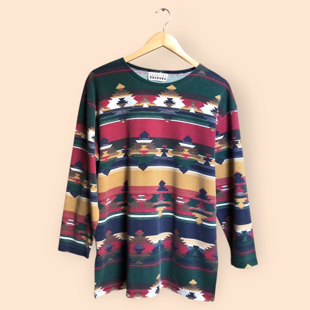 Vintage Aztec-Print Long Sleeve Top in Green, Burgundy, Navy & Mustard